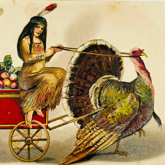 1910s Thanksgiving Post Card Indian Girl Turkey Pulling Cart Embossed Winsch PA3