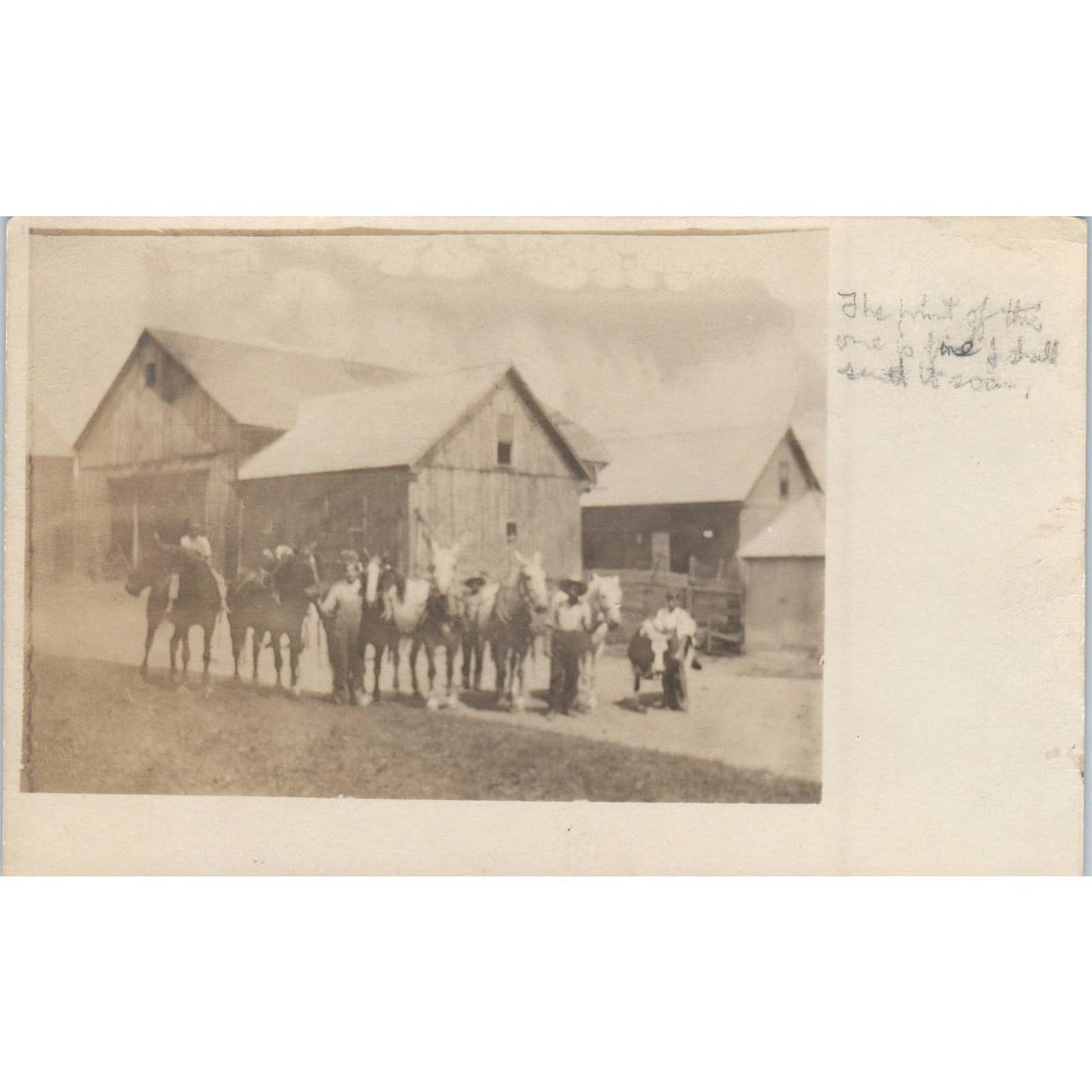 Antique Postcard RPPC 6 Men With Horses Outside Large Barn SE8