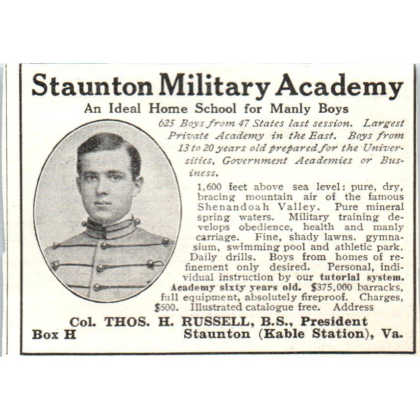 Staunton Military Academy Col. Thos. H. Russell Staunton VA - 1921 Ad TJ7-S7