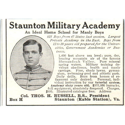 Staunton Military Academy Col. Thos. H. Russell Staunton VA - 1921 Ad TJ7-S7