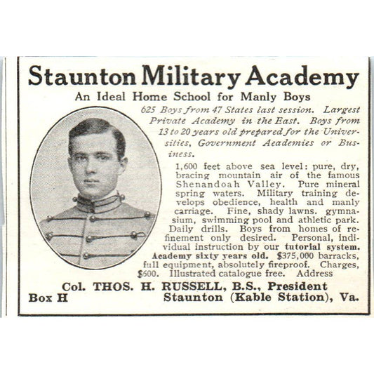 Staunton Military Academy Col. Thos. H. Russell Staunton VA - 1921 Ad TJ7-S7