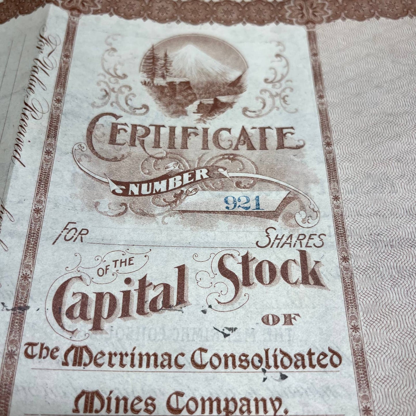 Antique 1901 Stock Certificate Merrimack Consolidated Mines Company Colorado B5