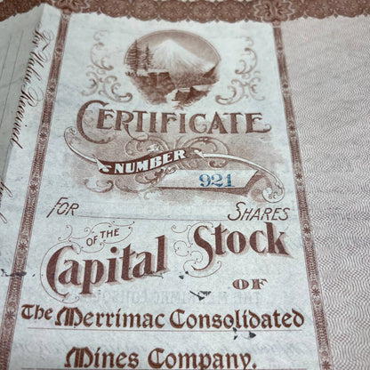 Antique 1901 Stock Certificate Merrimack Consolidated Mines Company Colorado B5