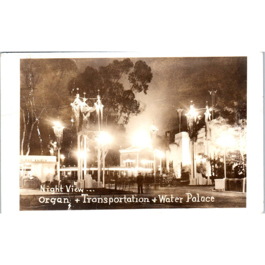 Antique Postcard Night View Organ + Transportation + Water Palace Los Angeles SE8