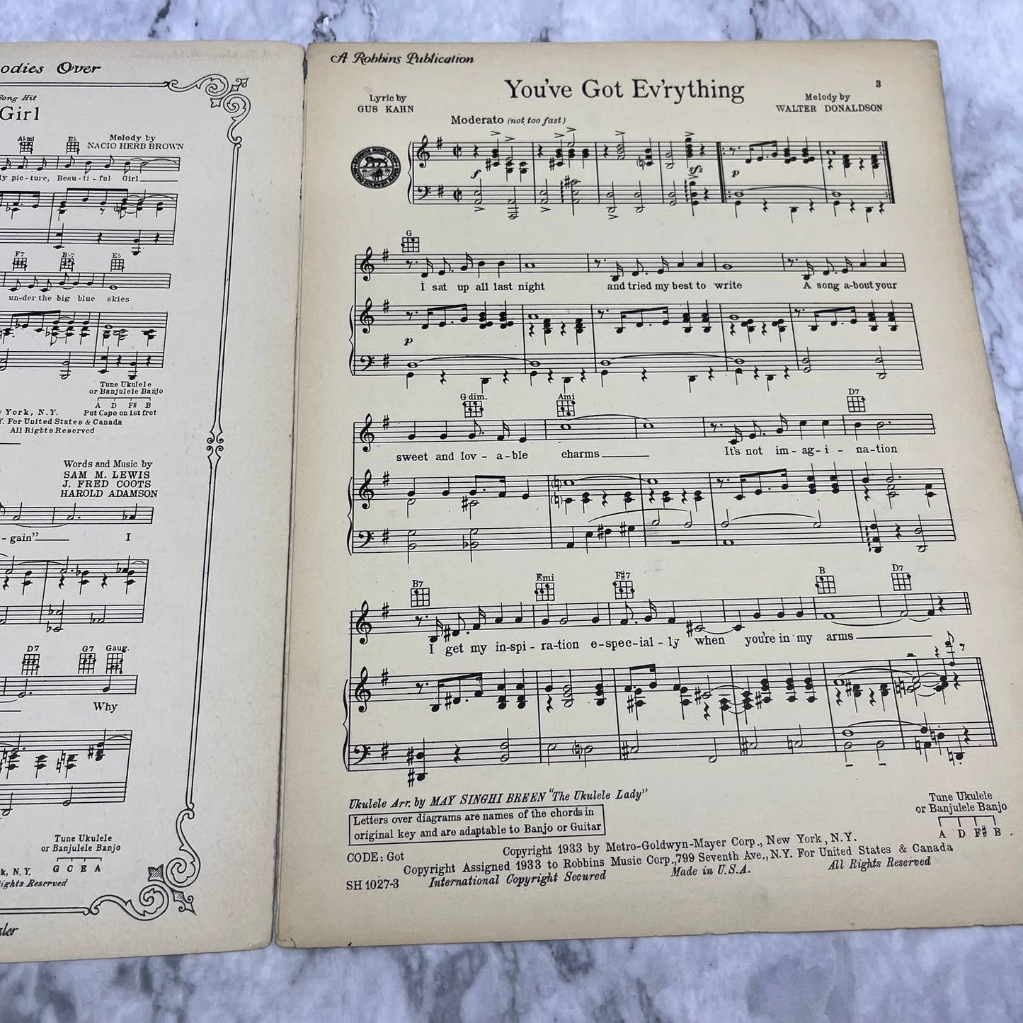 YOU'VE GOT EV'RYTHING 1933 Sheet Music Gertrude Niesen Piano Ukulele TI1