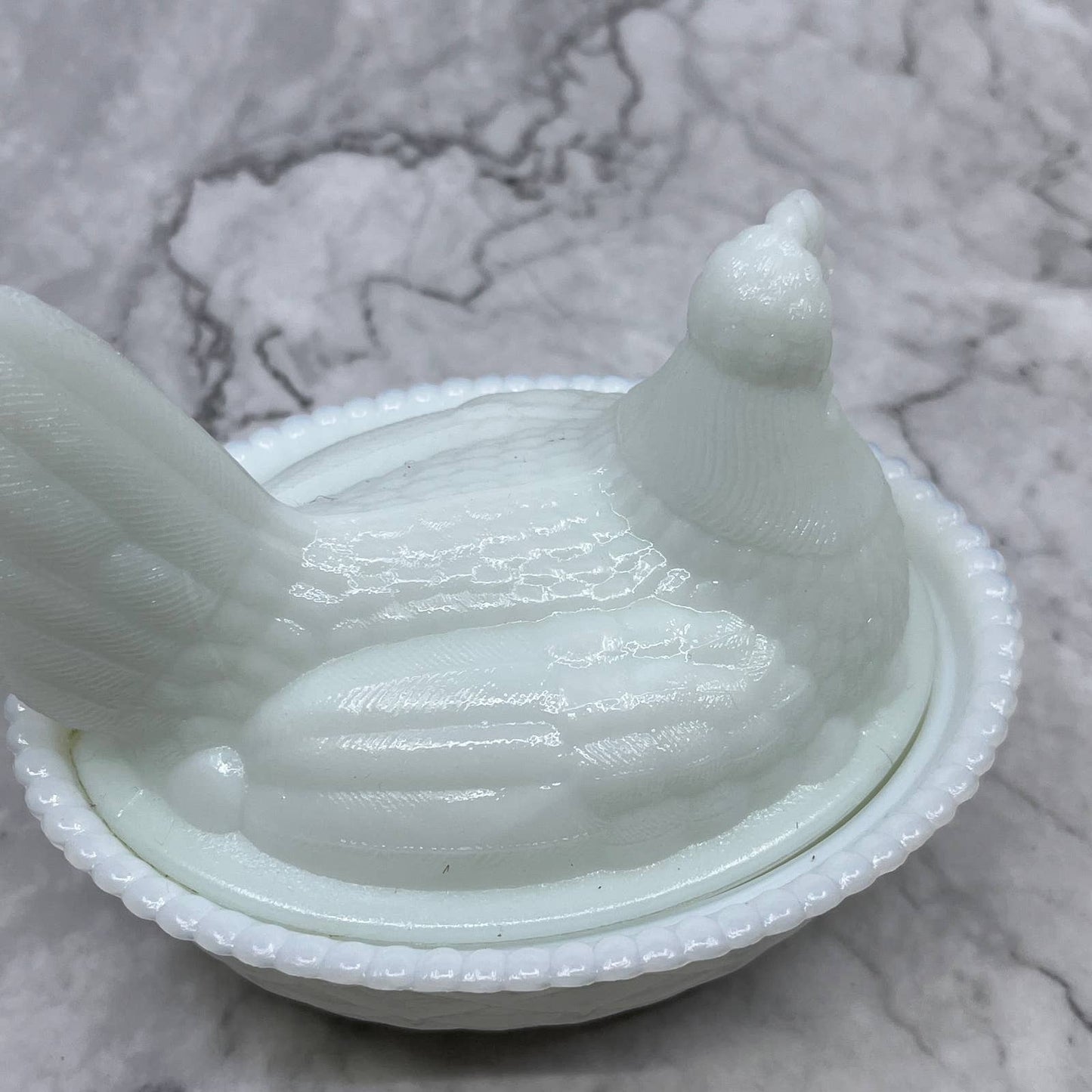 Westmorland Milk Glass Hen on Nest With Turned Head Woven Basket 5 1/2" Long TJ3