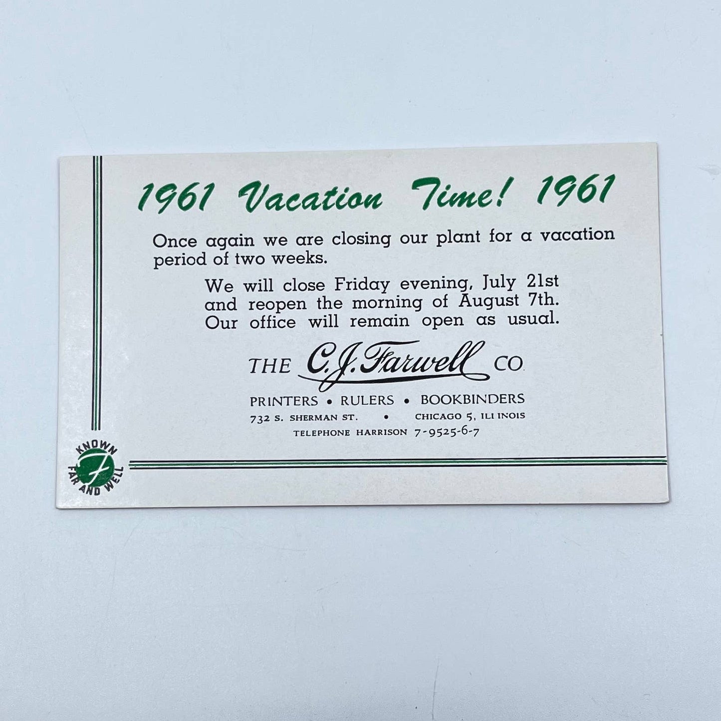 1961 Blotter Card Vacation Time! The CJ Farwell Co. Printing Chicago IL SC9