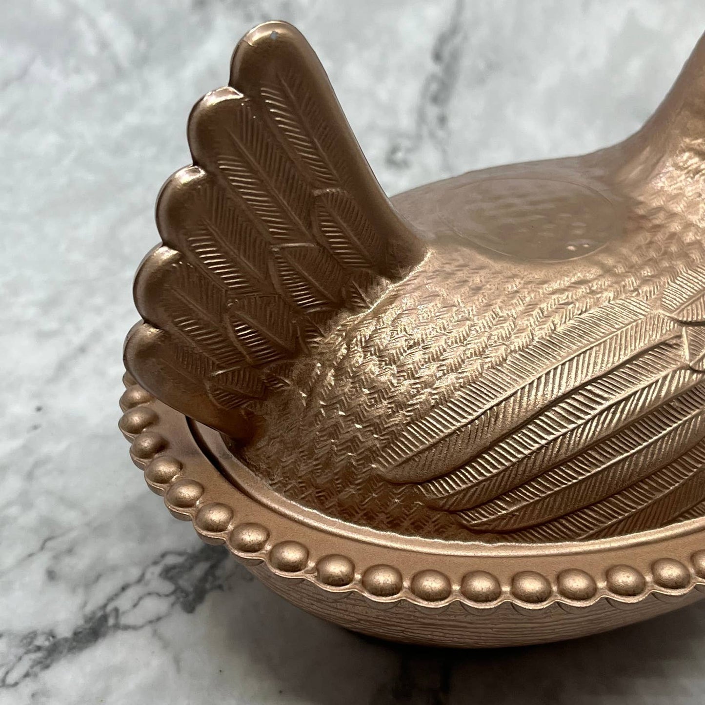 Vintage Rose Gold Glass Nesting Hen On Nest Candy Dish 5x7” TJ8