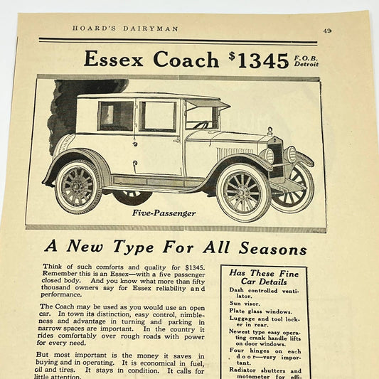 c1920 Essex Coach 5 Passenger Motor Car Automobile Ad Detroit MI AA8