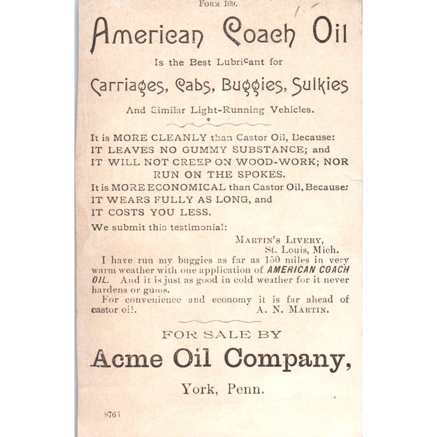 1880s Victorian Trade Card American Coach Oil York PA SE3-3