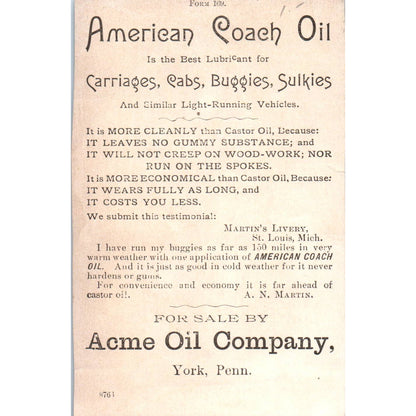 1880s Victorian Trade Card American Coach Oil York PA SE3-3