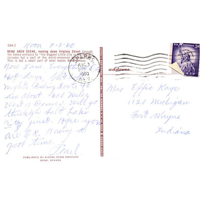 Vintage Postcard - Reno Arch Scene Nevada 1960 AD9