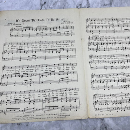 1918 IT'S NEVER TOO LATE TO BE SORRY Vintage Sheet Music marguerite snow TH5