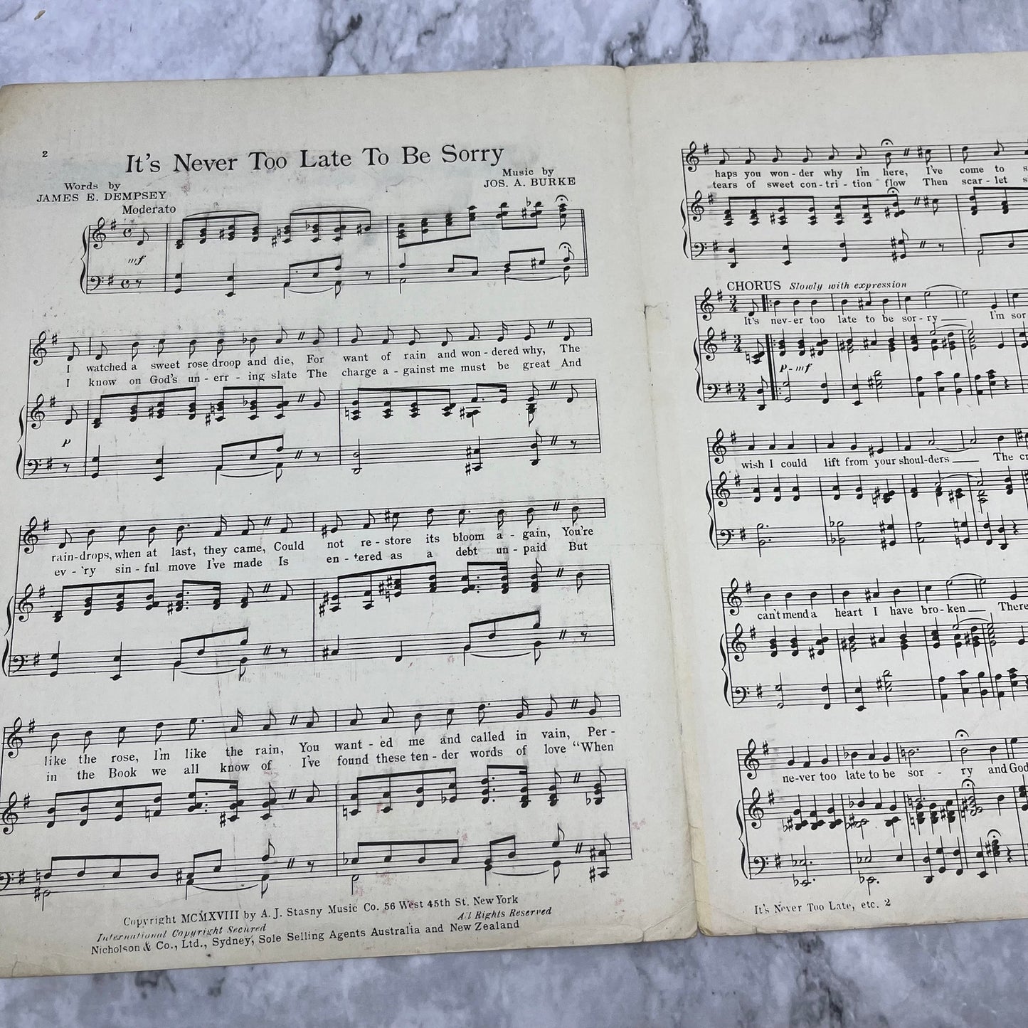 1918 IT'S NEVER TOO LATE TO BE SORRY Vintage Sheet Music marguerite snow V38