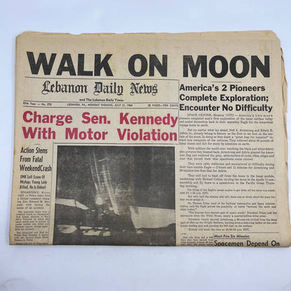 1969 July 21 Lebanon Daily News Moon Walk, Ted Kennedy Crash PA Newspaper TH6