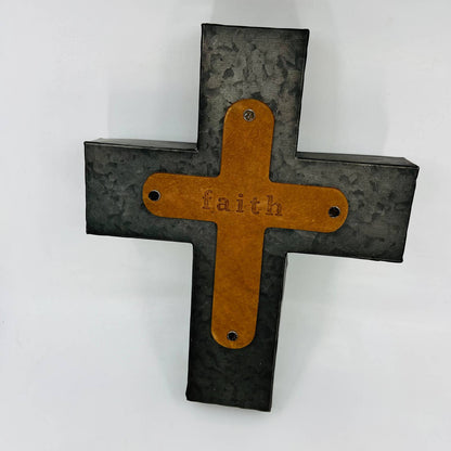 FAITH WALL CROSS GENUINE LEATHER & GALVANIZED METAL 12 x 10” TD4