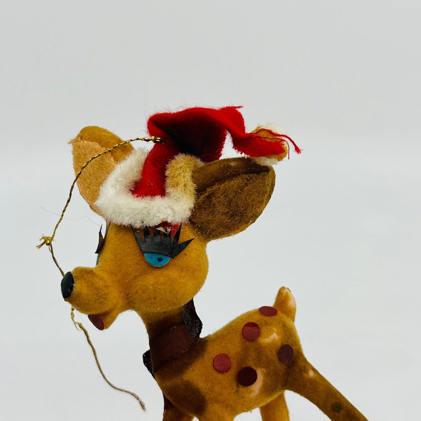 Vintage Celluloid Felt Flocked Santa Deer Christmas Tree Ornament 4" Set 2 TH9-1