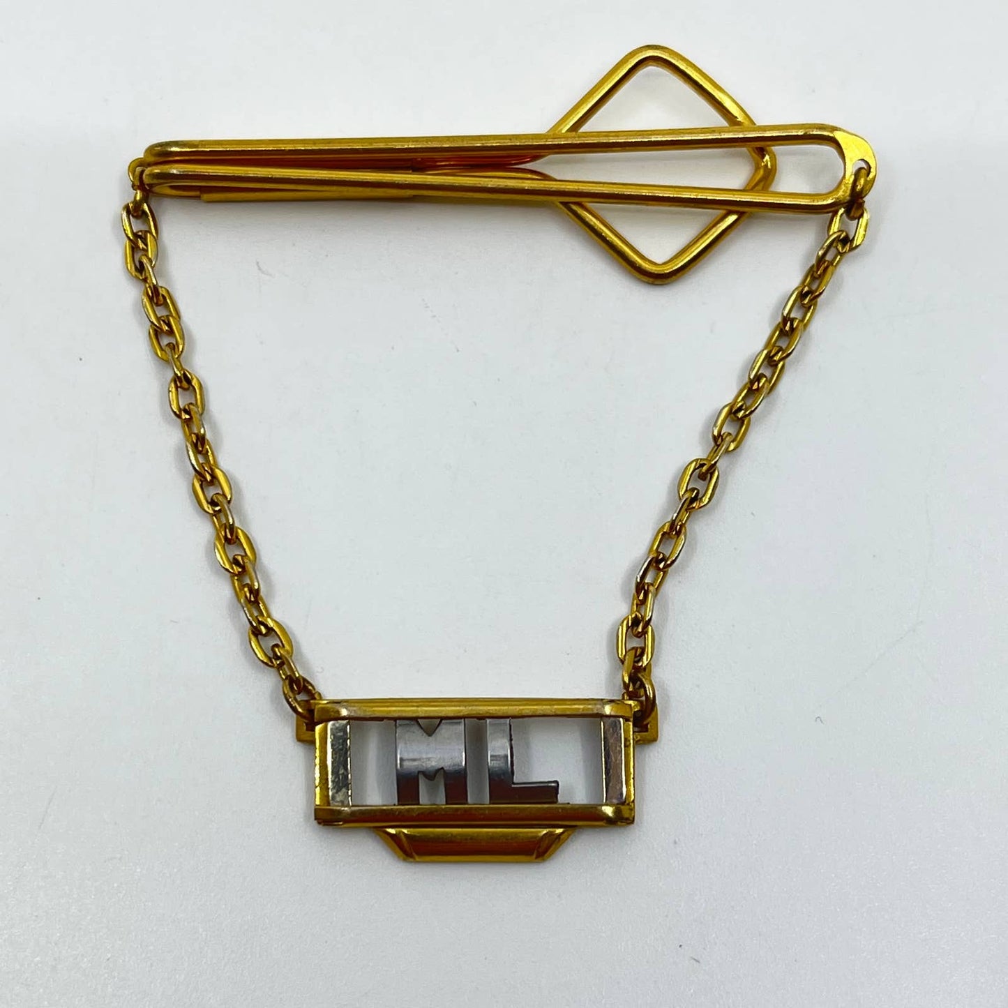 Vintage MCM Gold and Silver Tone Monogrammed ML Tie Bar Chain Clip SD4