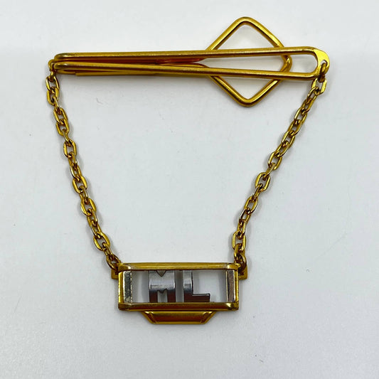 Vintage MCM Gold and Silver Tone Monogrammed ML Tie Bar Chain Clip SD4