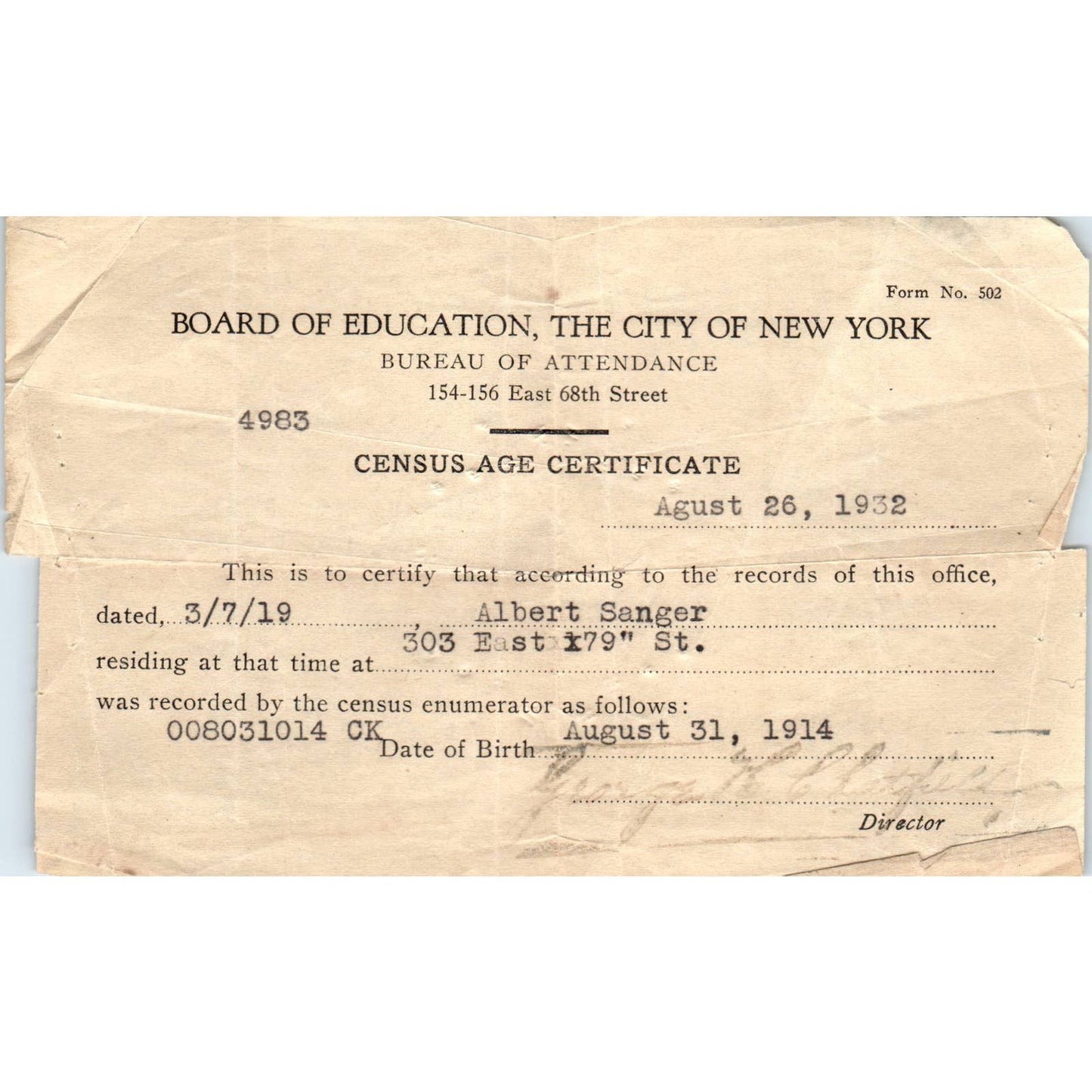 1932 Census Age Certificate Bureau of Attendance Albert Sanger New York SE5