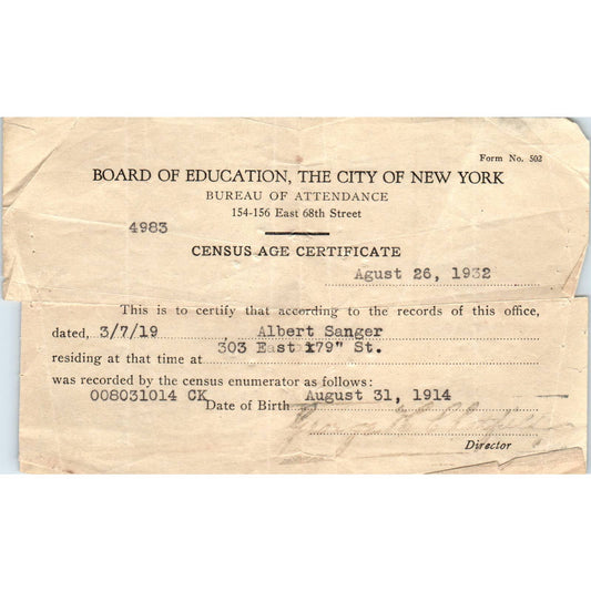 1932 Census Age Certificate Bureau of Attendance Albert Sanger New York SE5