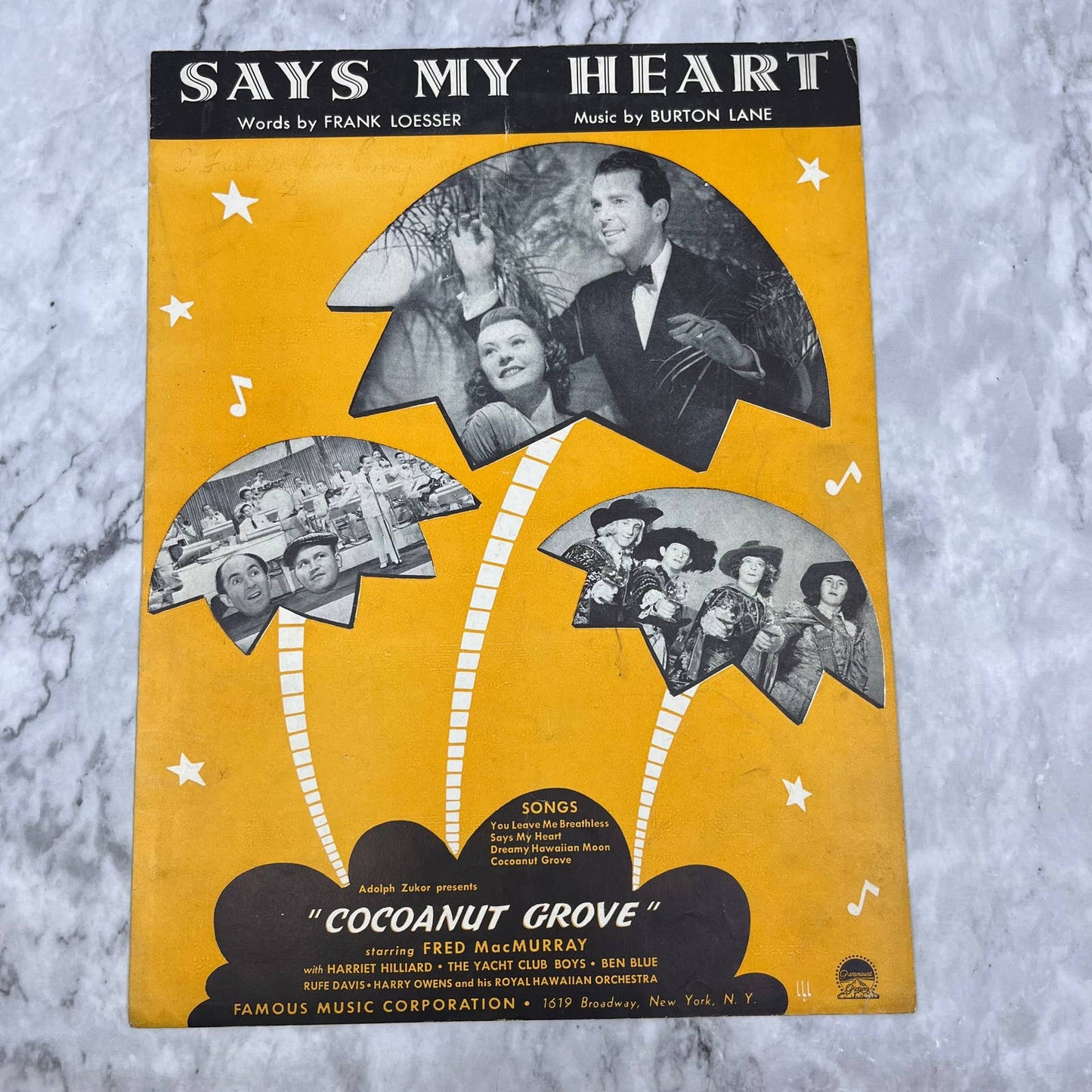 Says My Heart Sheet Music Cover Art Piano Ukulele Cocoanut Grove Film 1938 TH5