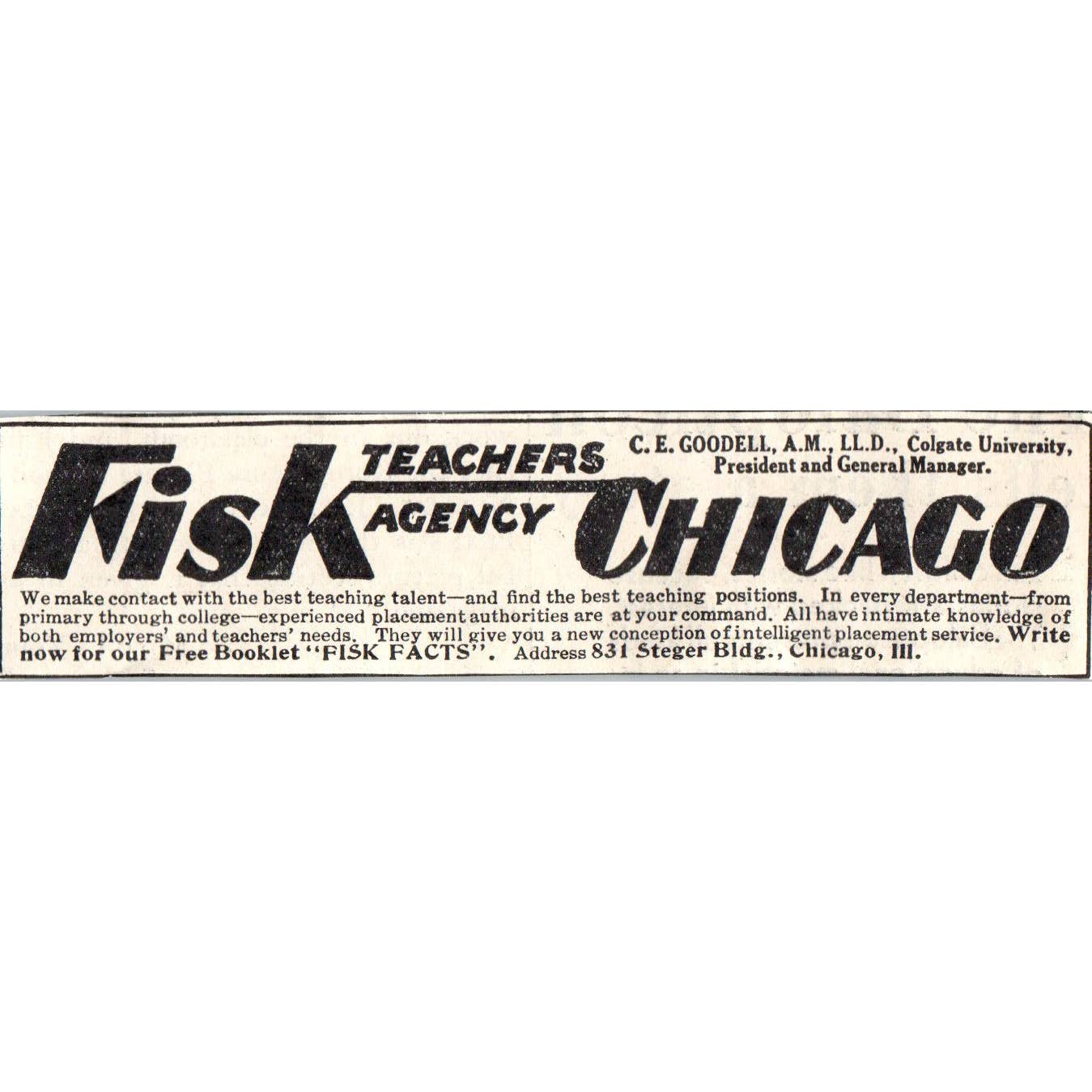 1931 Fisk Teachers Agency Chicago C.E. Goodell Advertisement ~1x4.5 SE6-1