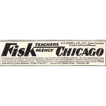 1931 Fisk Teachers Agency Chicago C.E. Goodell Advertisement ~1x4.5 SE6-1
