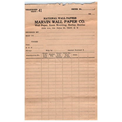 1927 Marvin Wall Paper Co. 5th Ave Fulton St. Troy New York Blank Invoice AD8