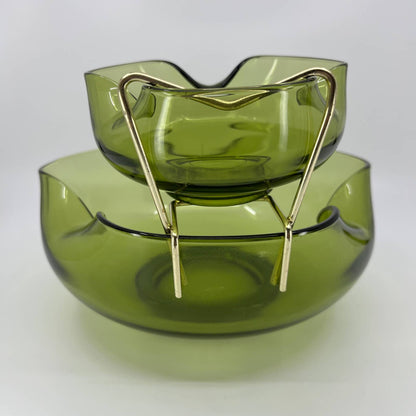 Vintage Anchor Hocking Pinched Avocado Green Glass Chip & Dip Set Bowl 9.25” TB3