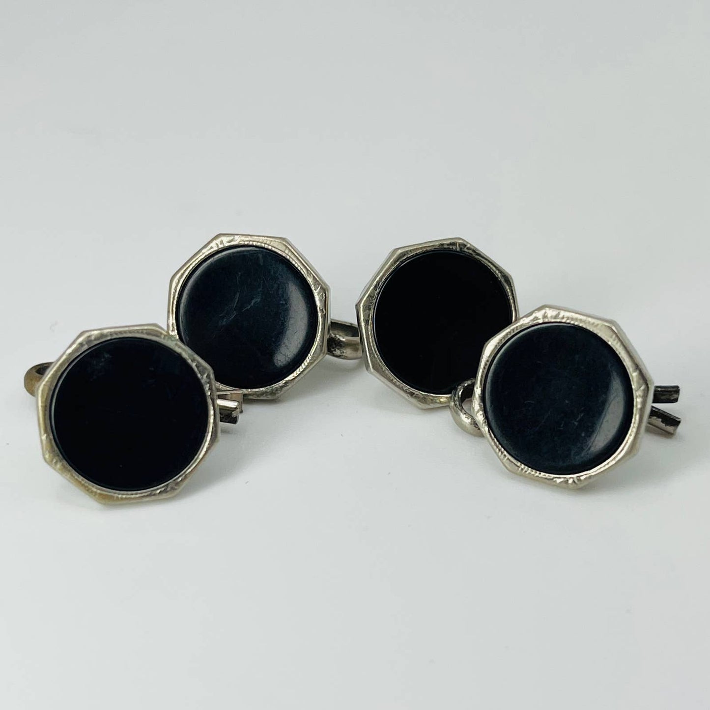 Vintage Art Deco Chrome Swank Black Enamel Octagon Cufflinks Cuff Links SB2