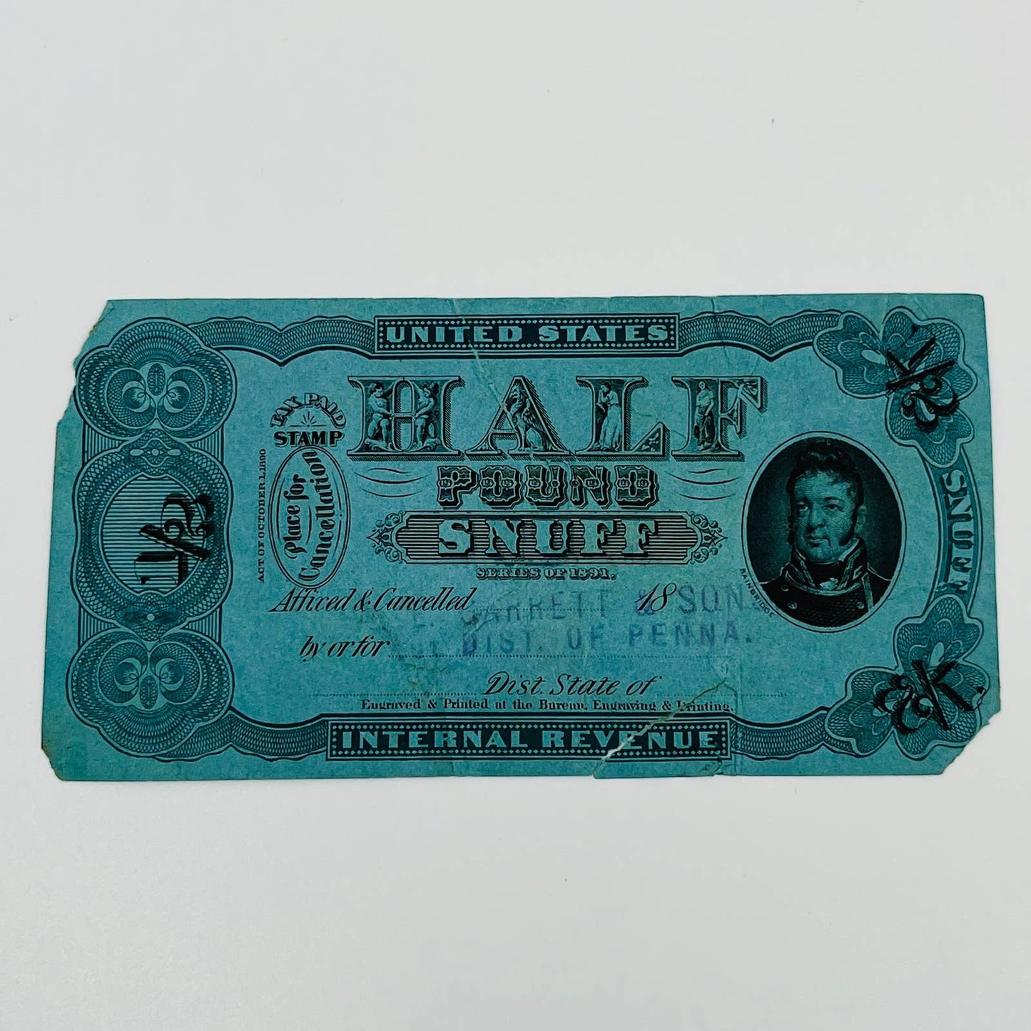 1891 Series Half Pound Snuff Tax Paid Stamp AA2