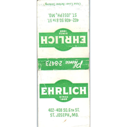 Ehrlich Refrigeration Supplies St. Joseph MO Advertising Matchbook Cover SA9-M1