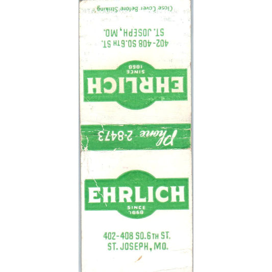 Ehrlich Refrigeration Supplies St. Joseph MO Advertising Matchbook Cover SA9-M1