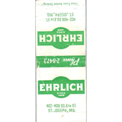 Ehrlich Refrigeration Supplies St. Joseph MO Advertising Matchbook Cover MM9-5