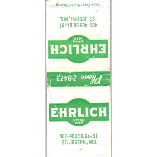 Ehrlich Refrigeration Supplies St. Joseph MO Advertising Matchbook Cover MM9-5