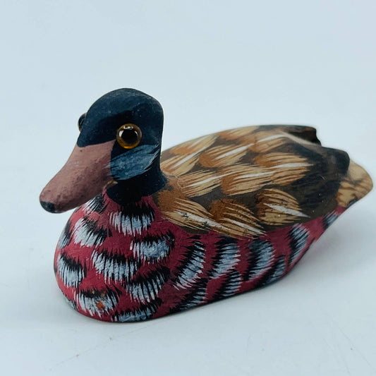 Vintage Wooden Mallard Duck Hand Carved Painted Wood Glass Eyes 2.5" SB1