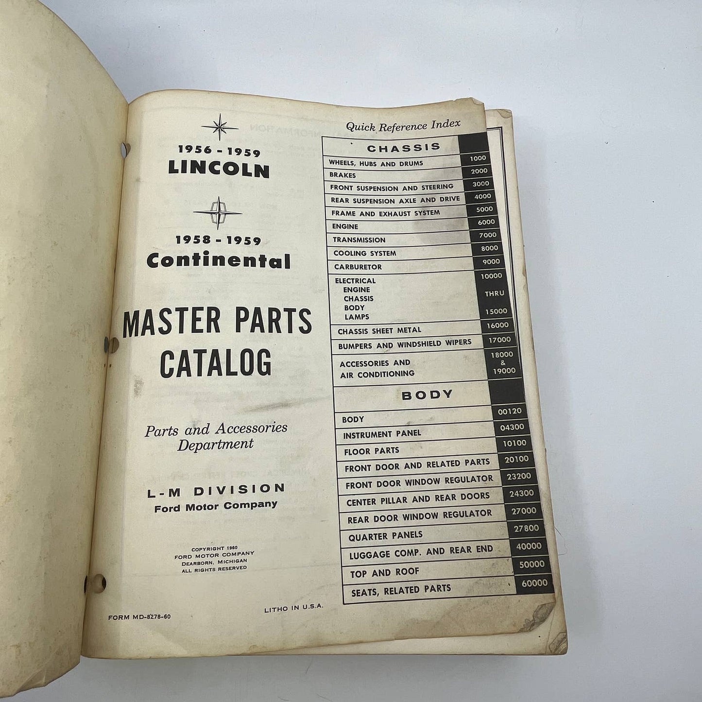 1956 - 1959 Lincoln Master Parts Catalog Detroit Iron ORIGINAL 1960 TI3