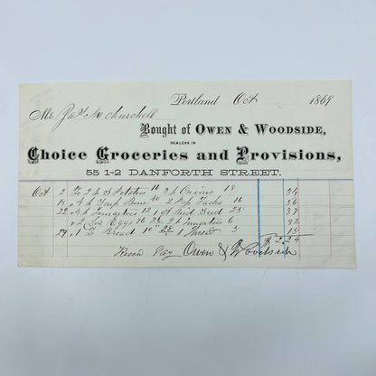 1869 Owens & Woodside Groceries J. Churchill Portland ME Letterhead Billhead AA5