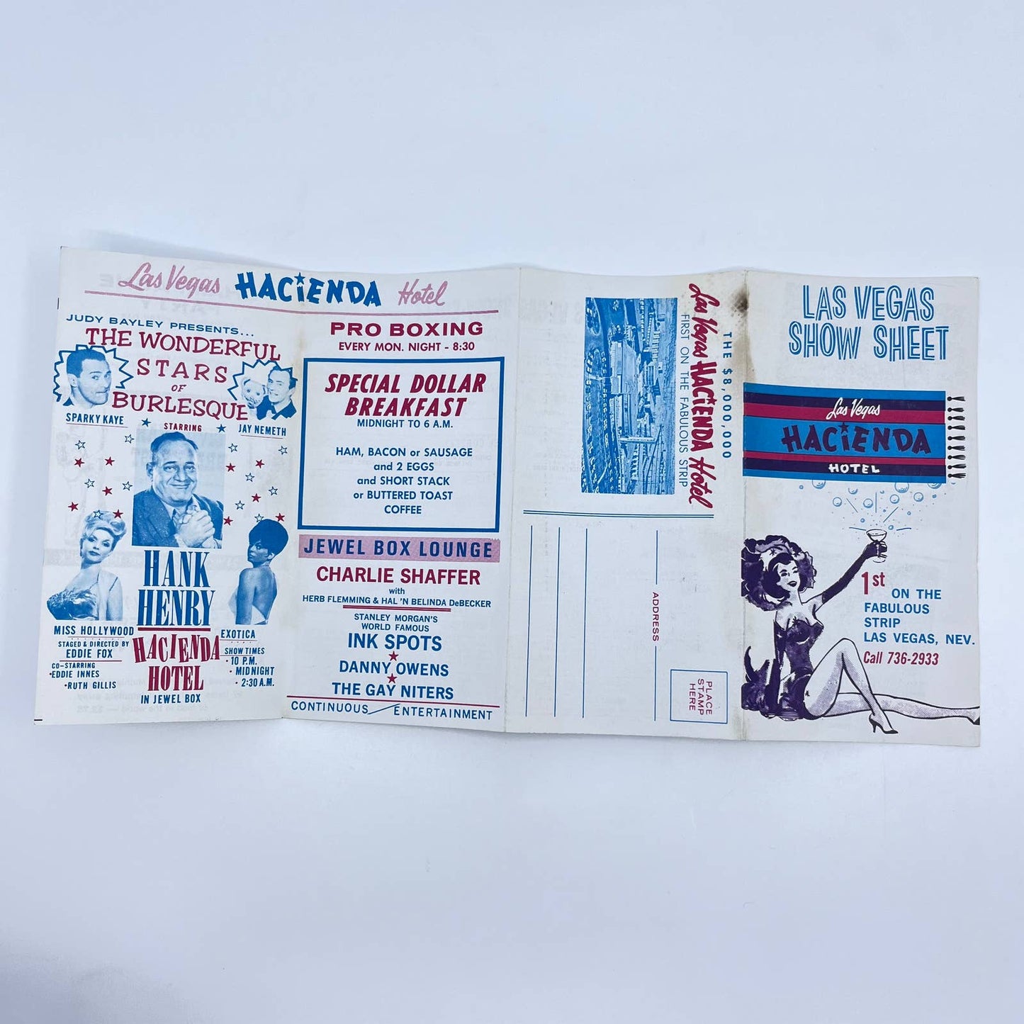 1960s Las Vegas Show Sheet Hacienda Hotel Hank Henry Burlesque Boxing AB2