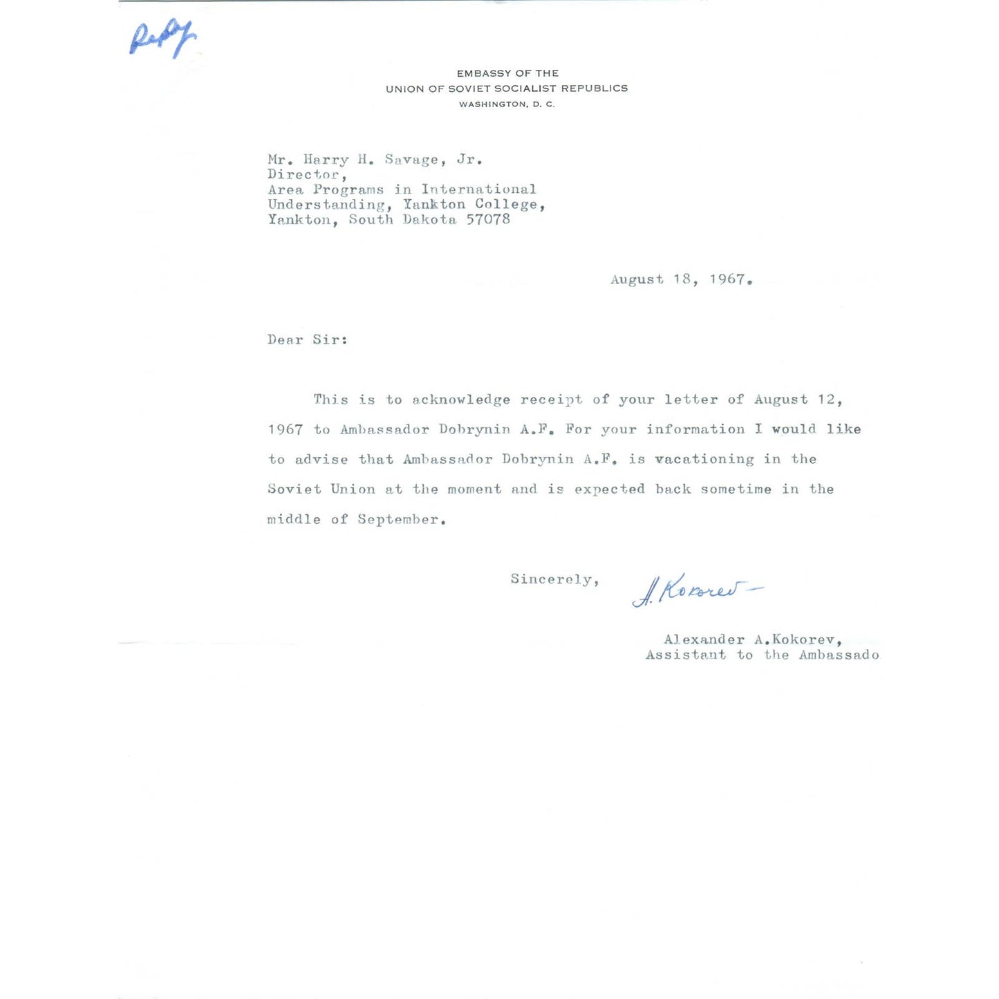 Embassy of Union of Soviet Socialist Republics USSR Letterhead Memo 1967 TK1-P11