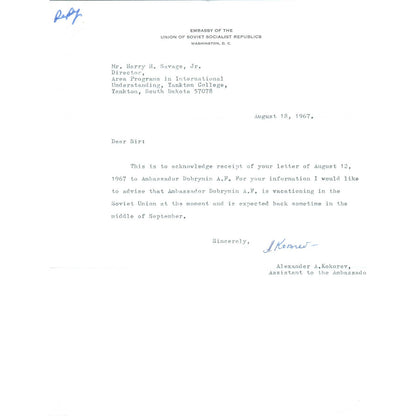 Embassy of Union of Soviet Socialist Republics USSR Letterhead Memo 1967 TK1-P11