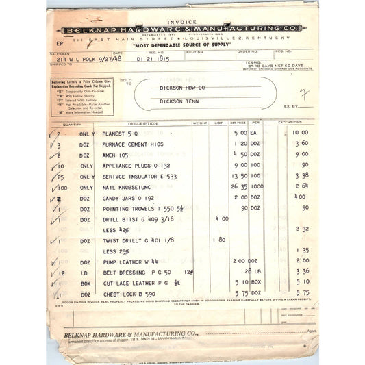 1948 Belknap Hardware & Manufacturing Billhead Set Dickson TN AD5-5