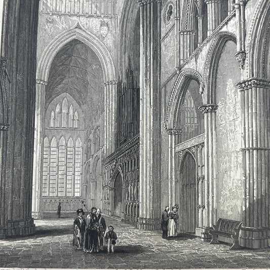 1836 Original Art Engraving York Cathedral View From South to North Transept AC6