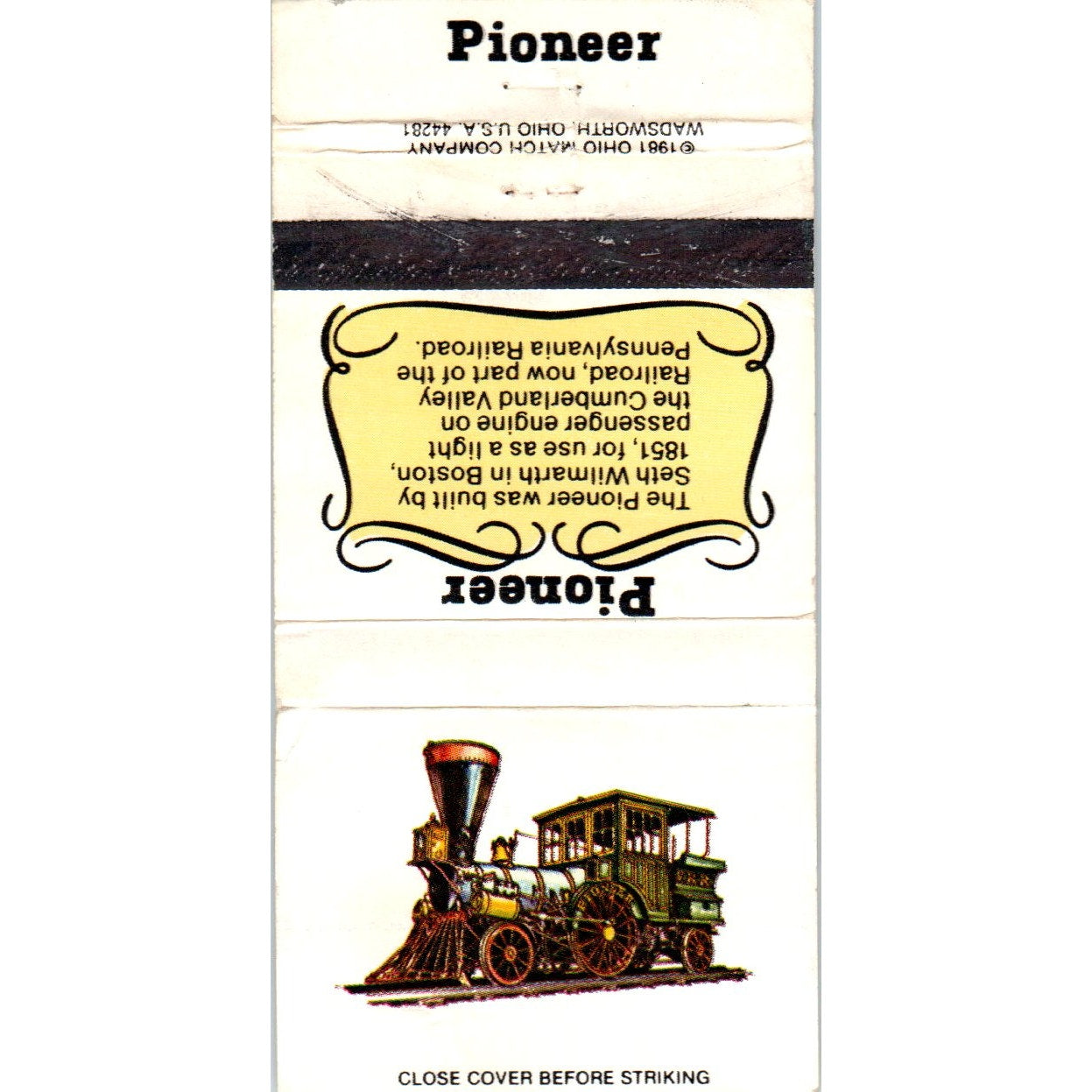 Pioneer Locomotive Pennsylvania RR Advertising Matchbook Cover MM9-7