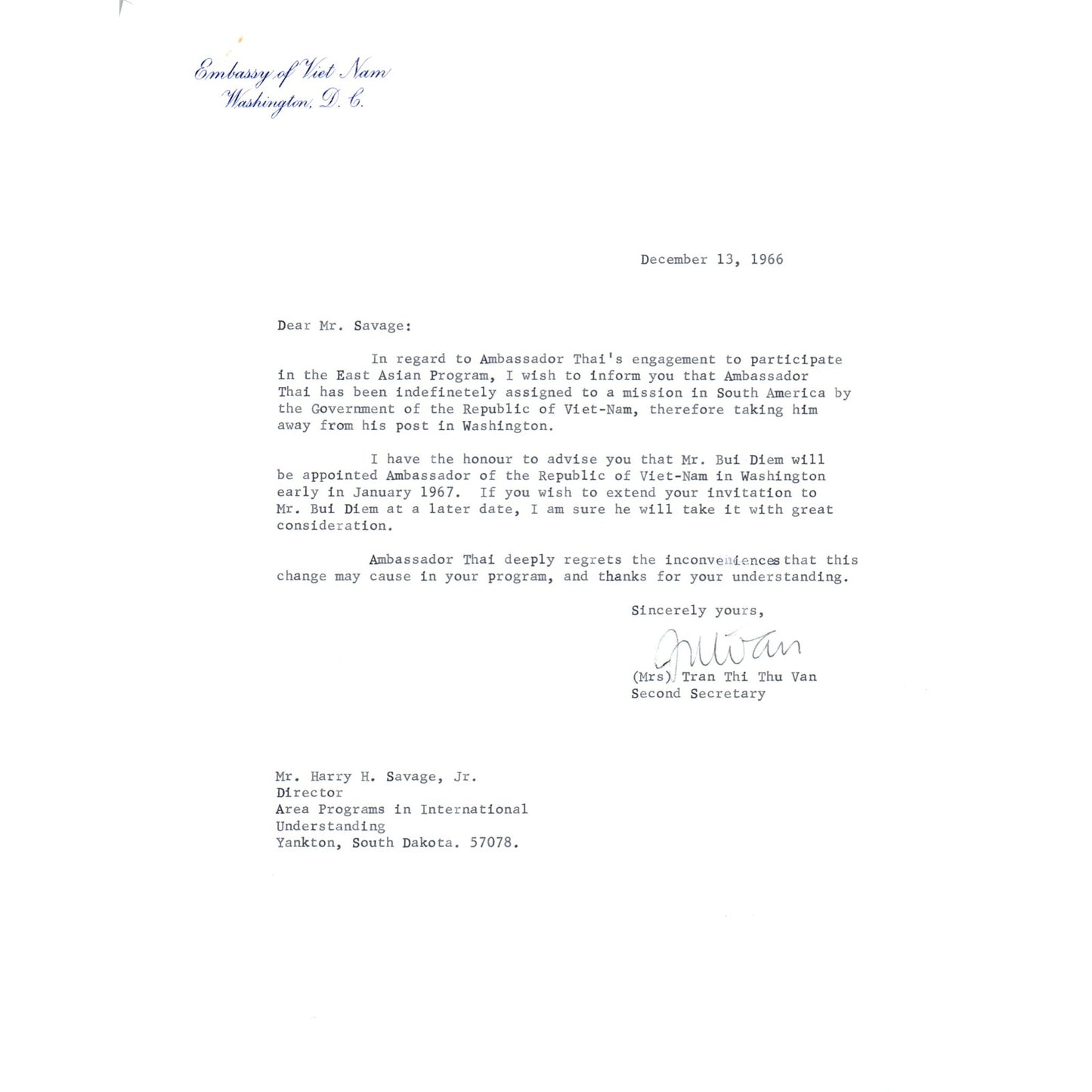 Embassy of Vietnam Official Letterhead Memo Tran Thi Thu Van 1966 B9