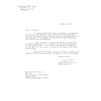 Embassy of Vietnam Official Letterhead Memo Tran Thi Thu Van 1966 B9