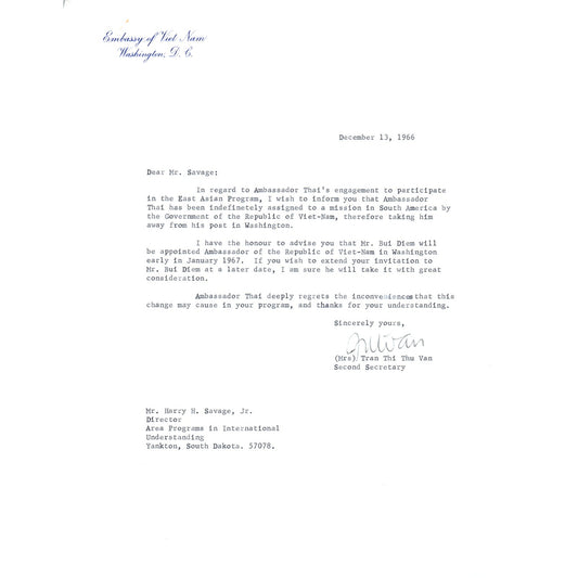 Embassy of Vietnam Official Letterhead Memo Tran Thi Thu Van 1966 B9