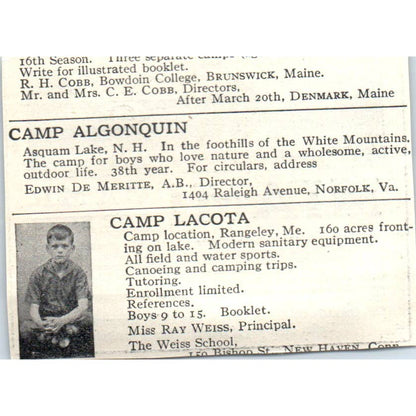 c1920 Harper's Ad Miami Camp for Boys Col Orvon Graff Brown Germantown OH EA3-2