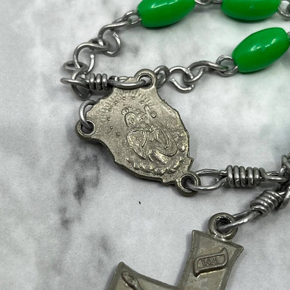 Vintage Rosary With Green Oval Beads Crucifix Sacred Heart Catholic SE8
